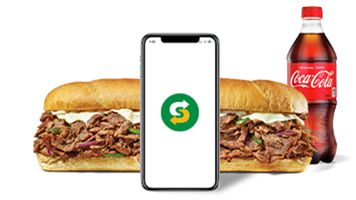 An app is displayed on a phone against a sanwitch and a bottle of coca cola